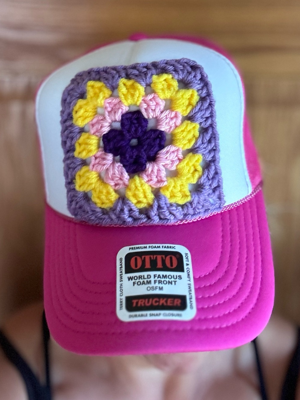 OTTO Trucker Hat with Handmade Crochet Granny Square Patch NWT